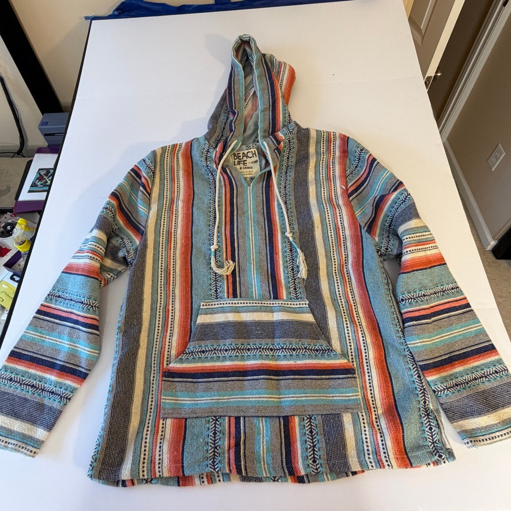 Beach Life by La Drift Baja Hoodie Mens XL Striped Pullover Surf Poncho Blue Red
